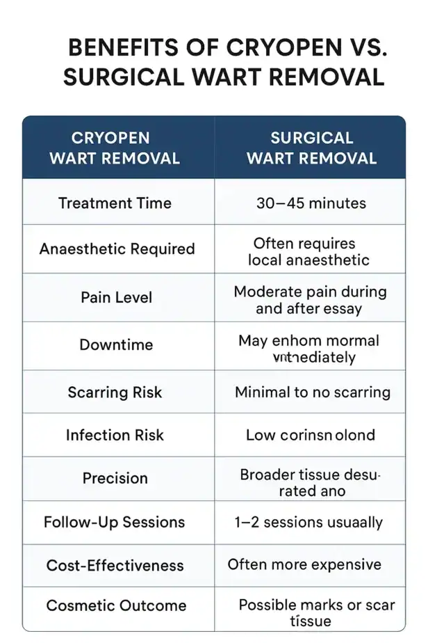 Table showing the benefits of cryopen to remove warts Wellingborough compared to surgical treatment